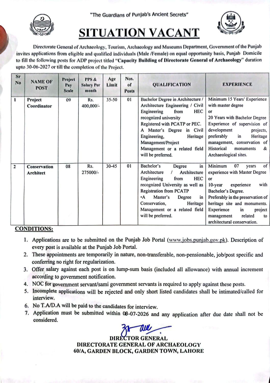 Directorate General of Archaeology Punjab Jobs 2026 – Apply Online for Project Coordinator & Conservation Architect Vacancies