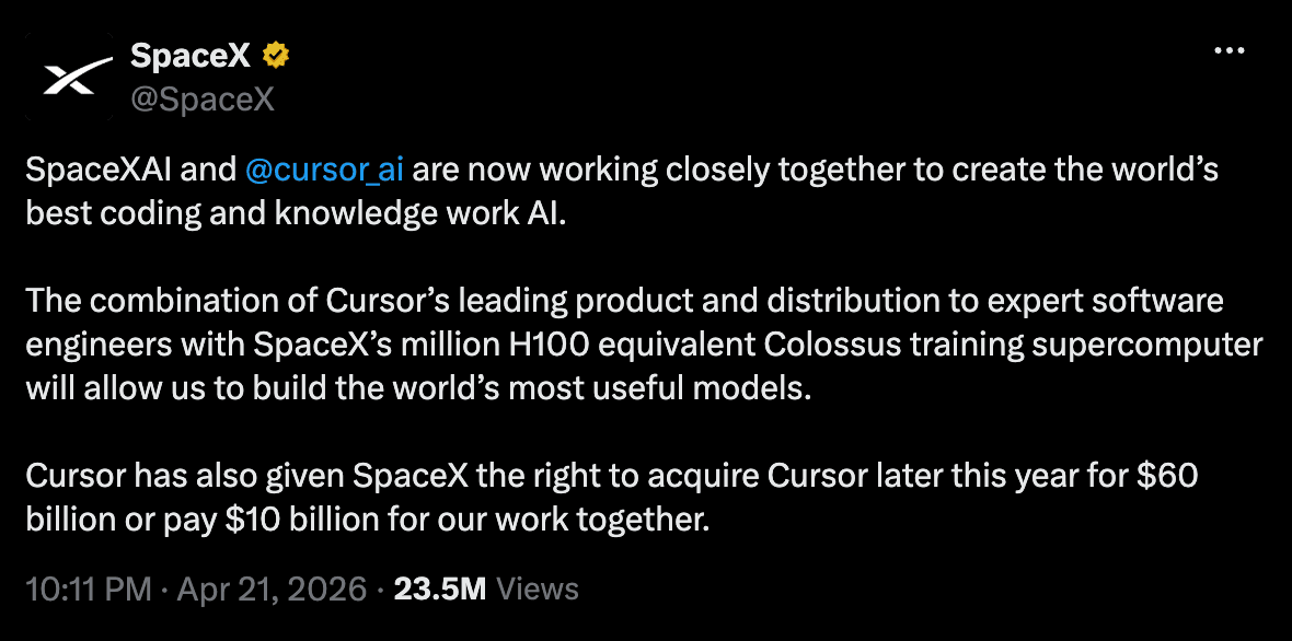 SpaceX Partners with Cursor AI to Build Advanced Coding AI, Announces Potential $60 Billion Acquisition