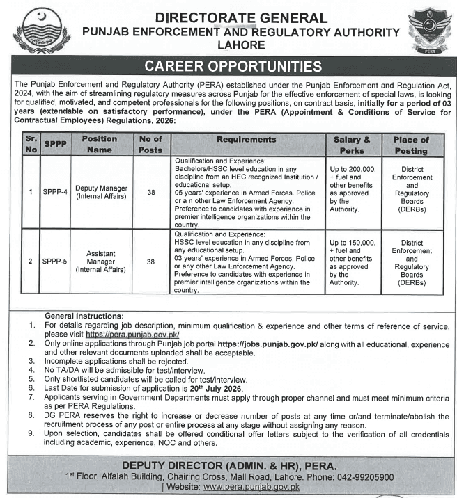 PERA Jobs 2026: Punjab Enforcement and Regulatory Authority Announces Deputy Manager & Assistant Manager Vacancies
